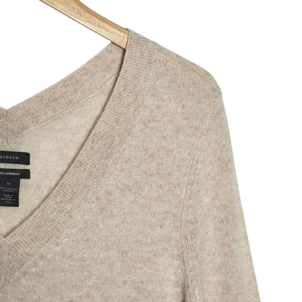 Halogen 100% Cashmere V Neck Pullover Sweater Long Sleeve Beige Cream M Classic - Picture 4 of 11
